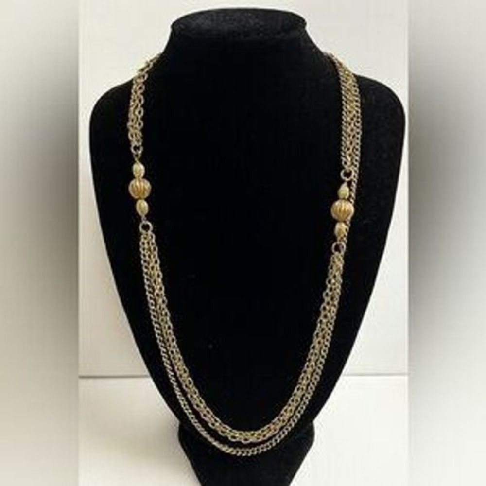 Vintage 90's Womens Gold Tone Ball Tiered 4 Strand Chain Mesh Opera Necklace Y2K